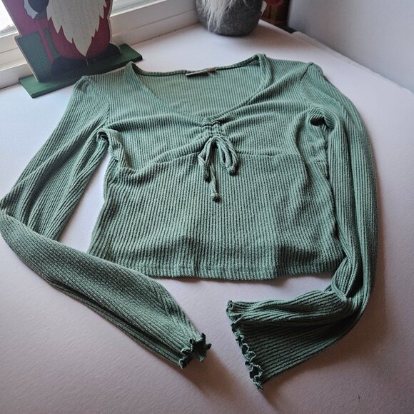 Sage Green Ribbed Tie-Front Long Sleeve Top – Cropped & Flattering (So - Kohls) - Picture 1 of 3